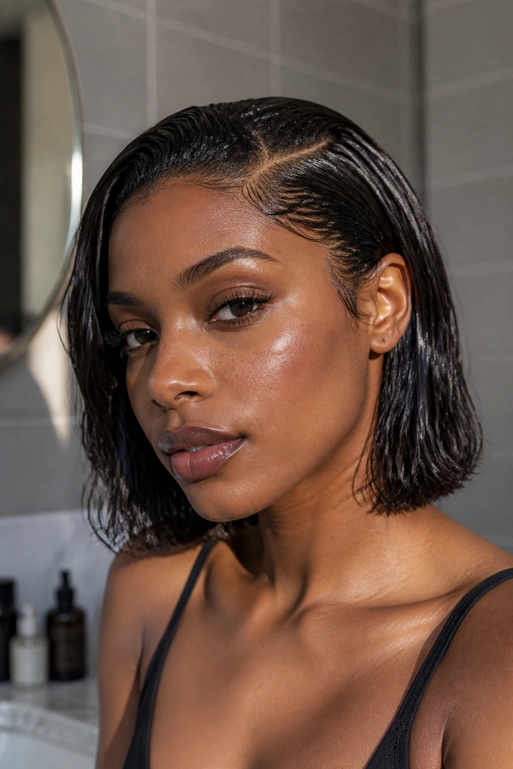 Close-up of a real Black woman with a glossy wet-look lob, glassy roots and defined sections