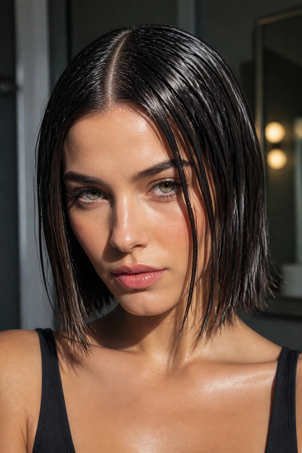 Close-up of a real person with a wet-look center-part lob