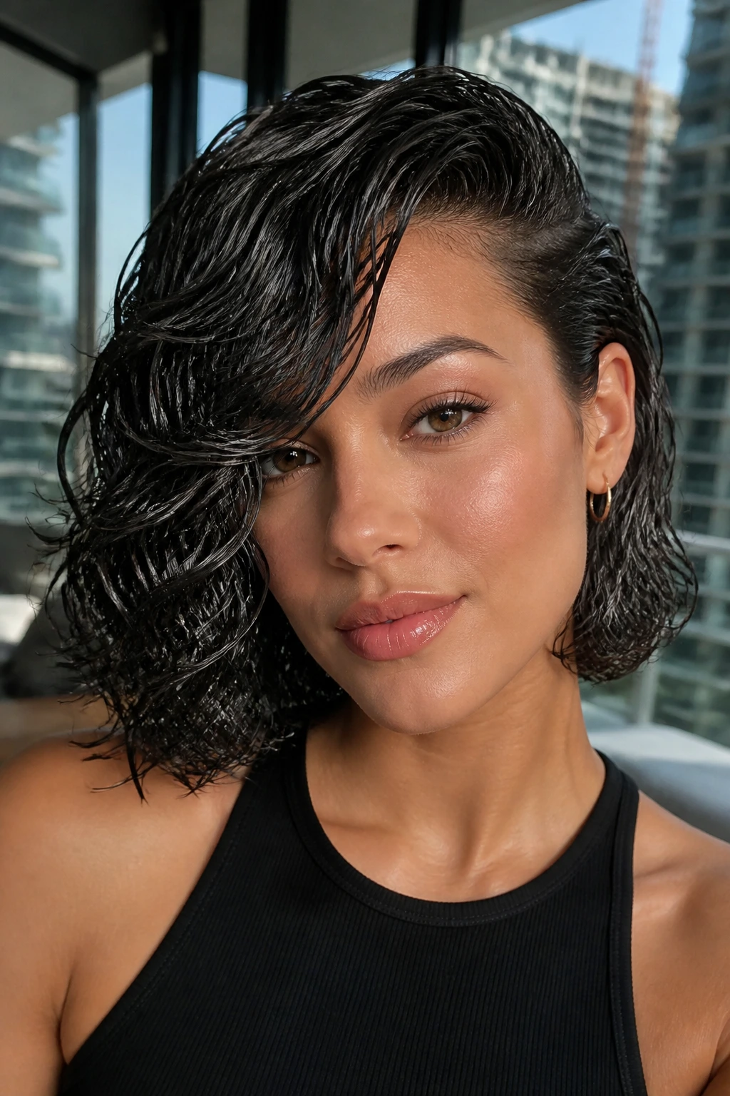 Portrait of real person with sculpted wet-look lob and side sweep