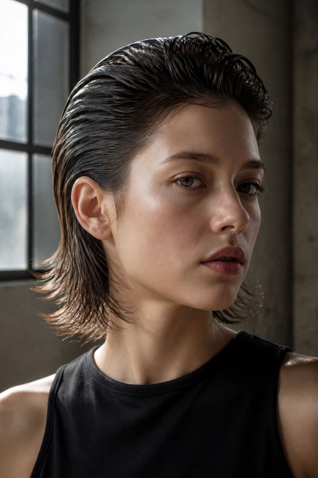 Real person with a wet-look mullet-lite hairstyle in an urban loft setting.