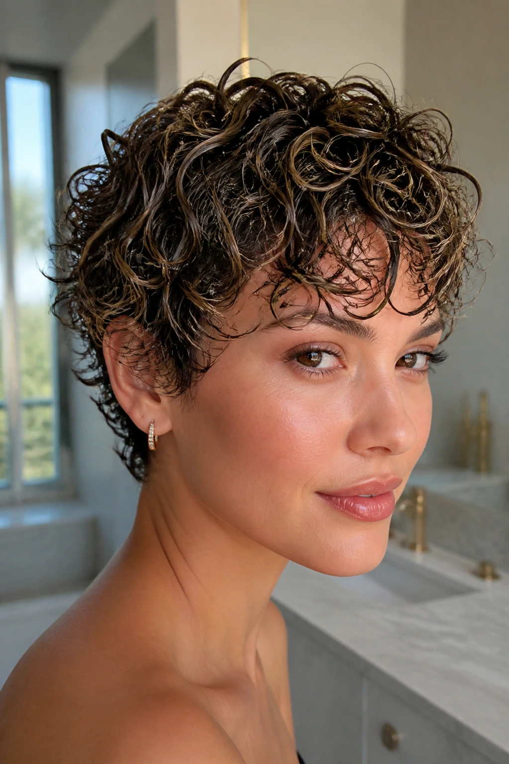 Real woman with wet-look curly pixie and glossy babylight veils
