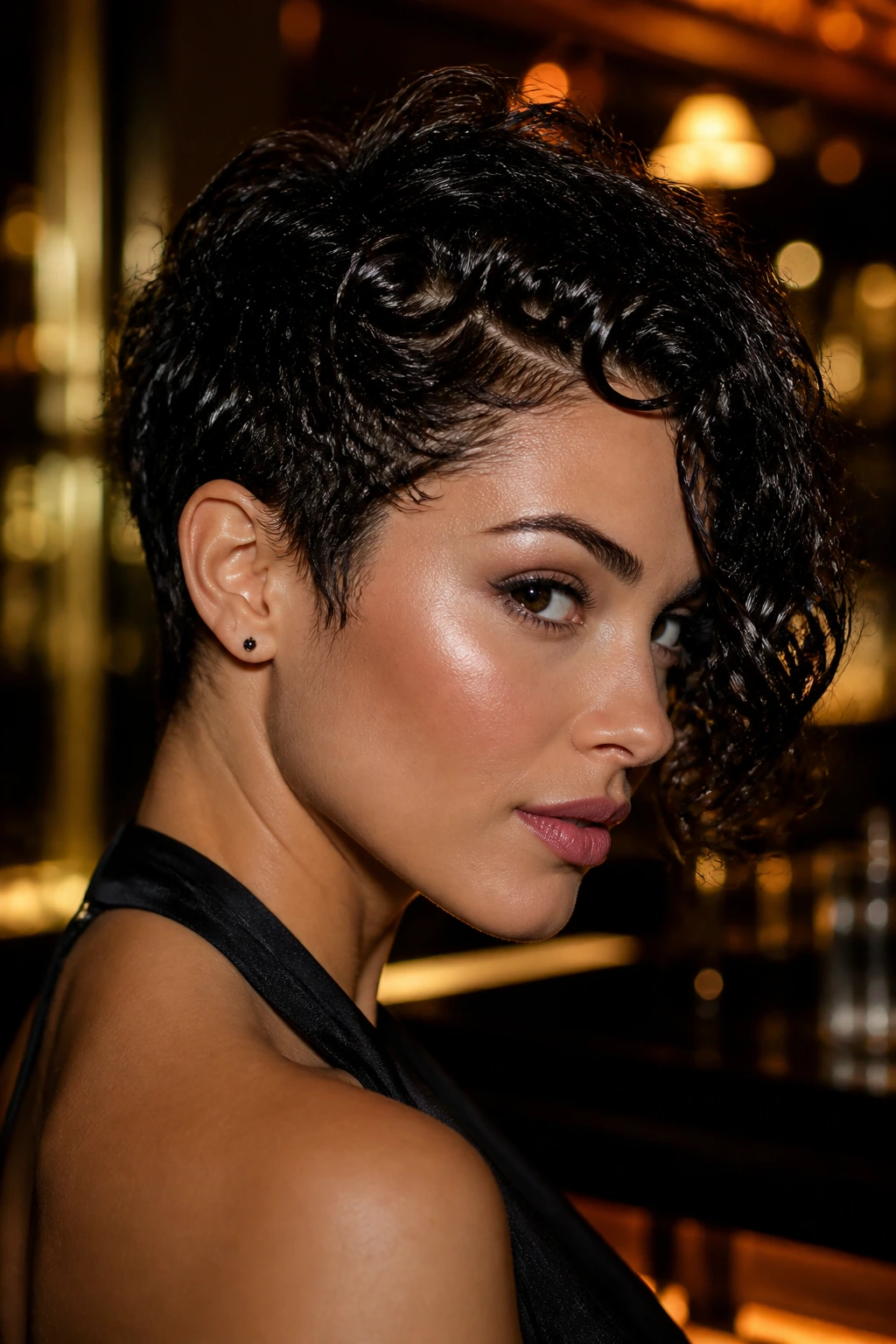 Close-up of a real person with a glossy wet-look pixie bob for evening wear