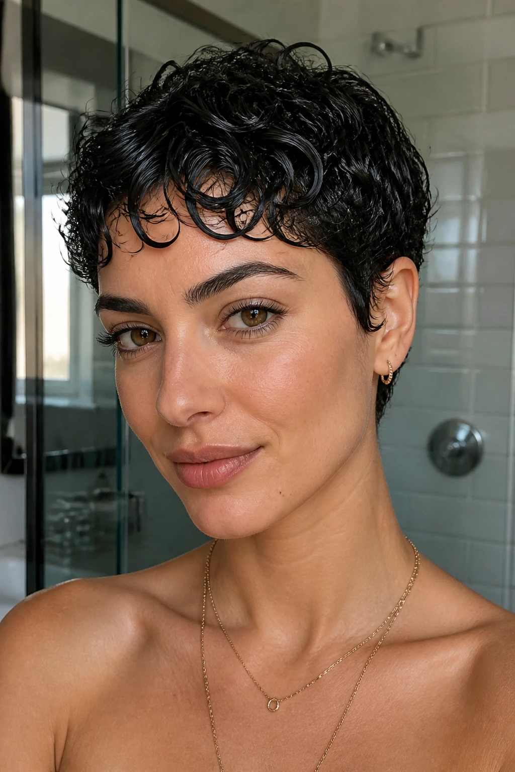 Real woman with a glossy wet-look curly pixie in a stylish bathroom.