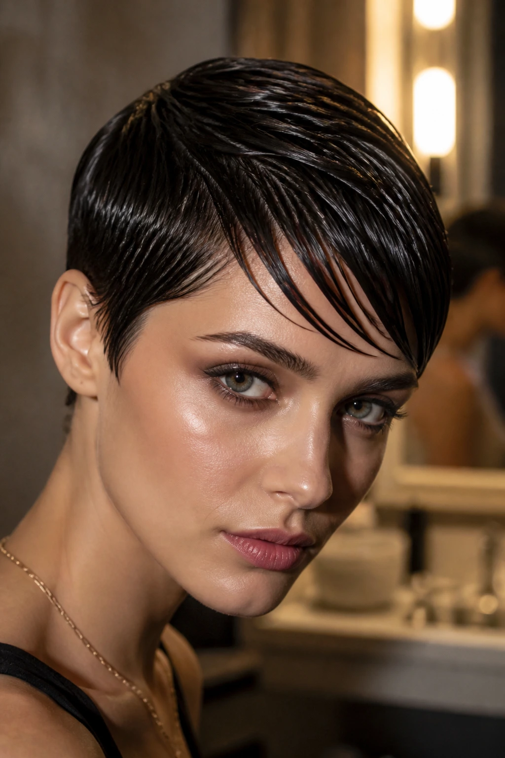 Close-up of a real woman with a wet-look pixie and diagonal fringe.