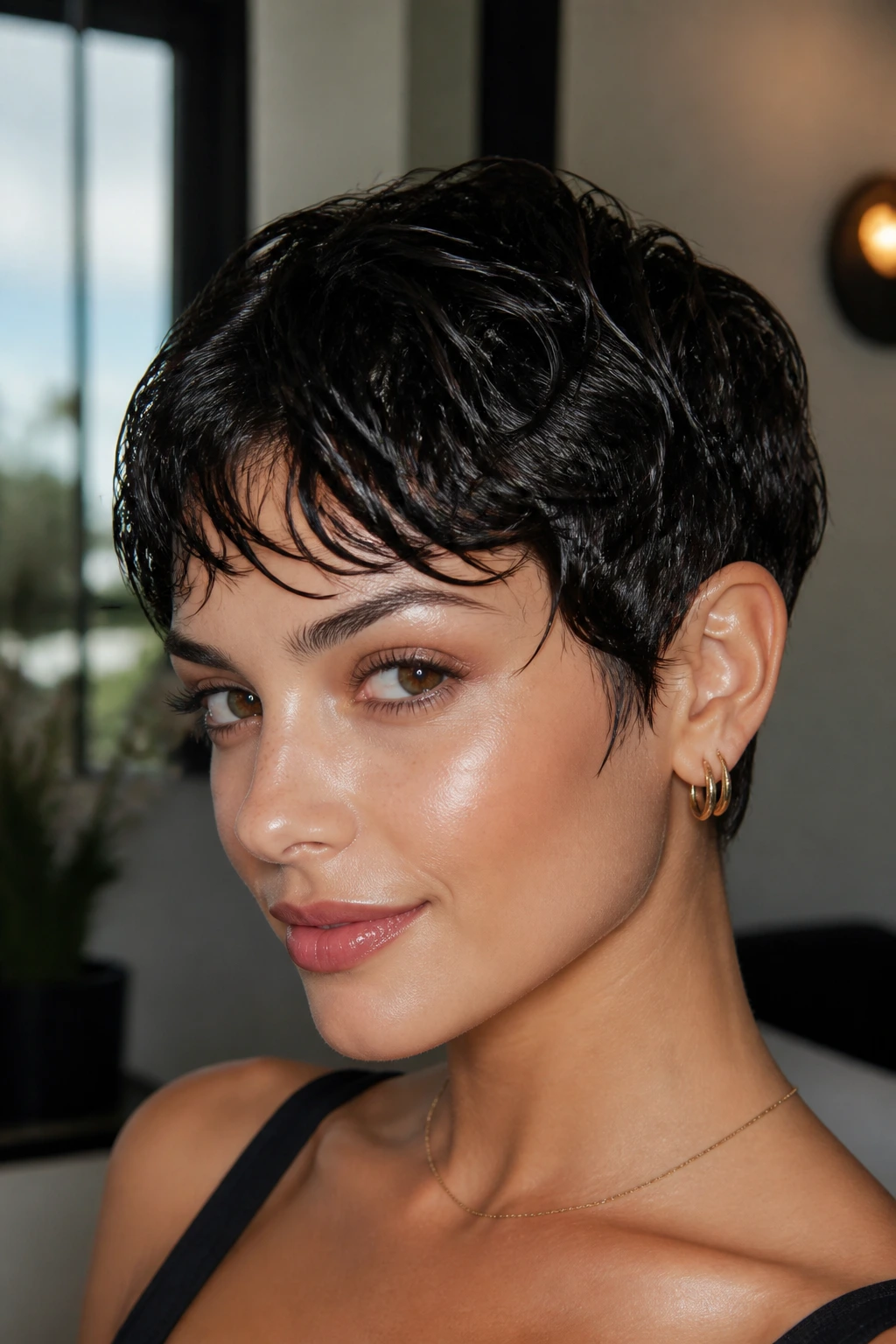 Close-up of a real woman with a wet-look pixie and glossy separation in natural light