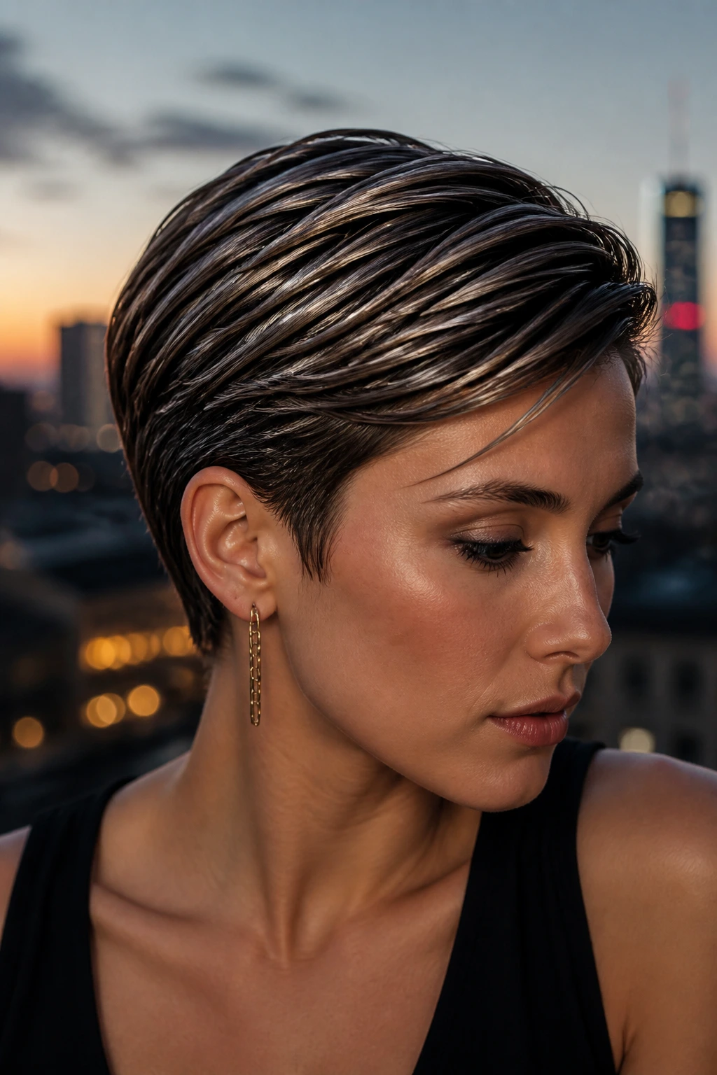 Close-up of a real woman with a wet-look pixie sweep showing dark underlayers and shine.