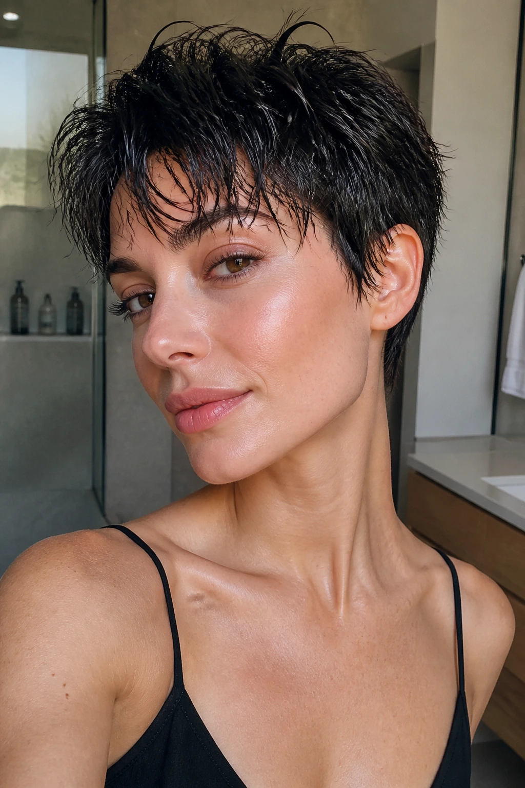 Close-up portrait of a real person with a wet-look tousled pixie in a modern bathroom