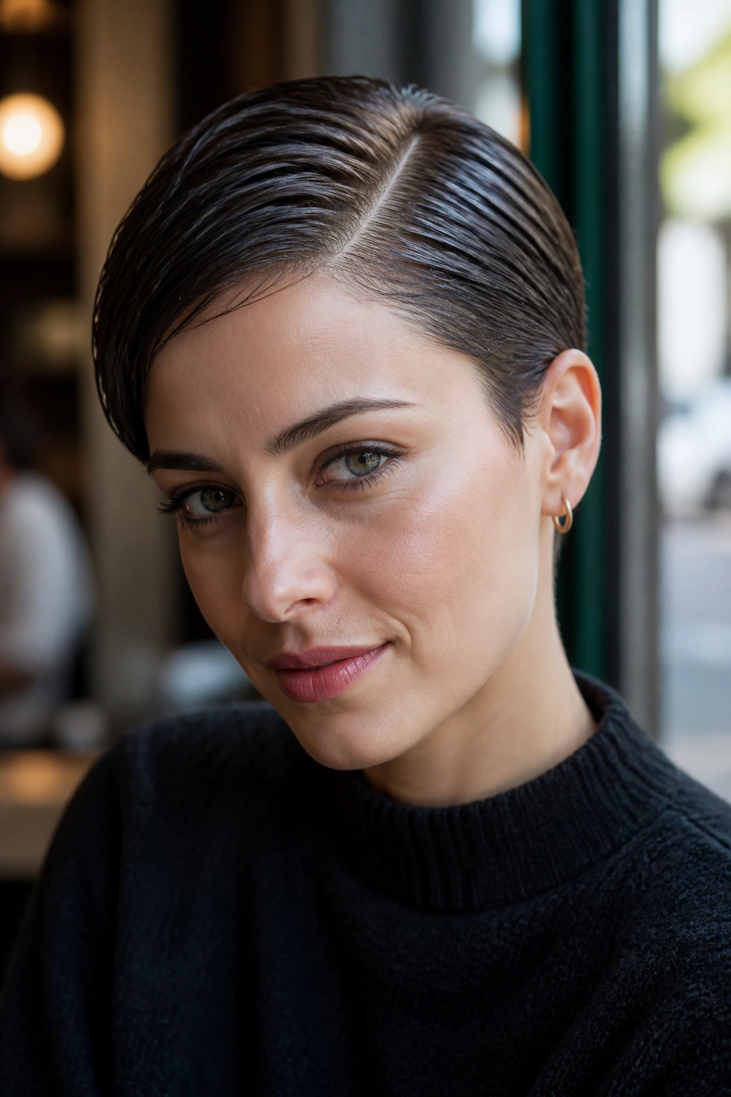 Close-up of a real woman with a wet-look side-part pixie under cafe window light