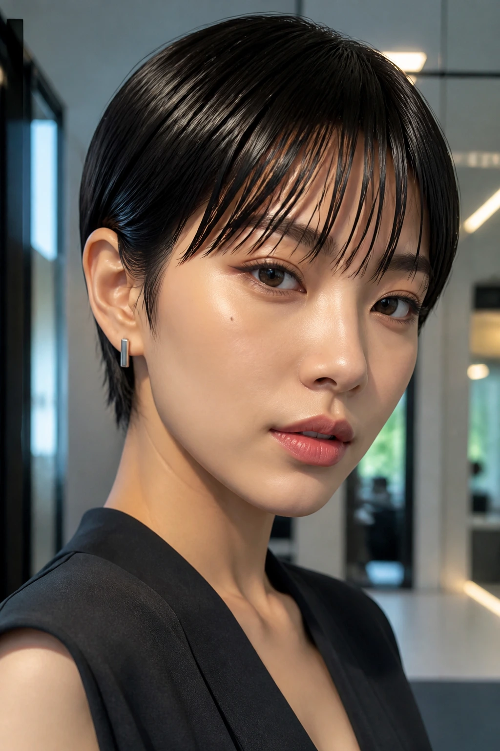 Close-up portrait of a real woman with wet-look pixie and sleek bangs