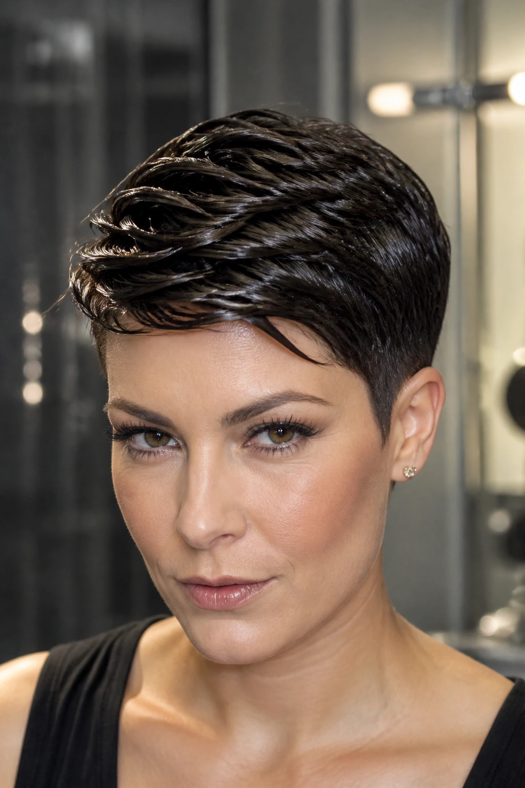 Close-up of a real woman with a wet-look sculpted crop hairstyle
