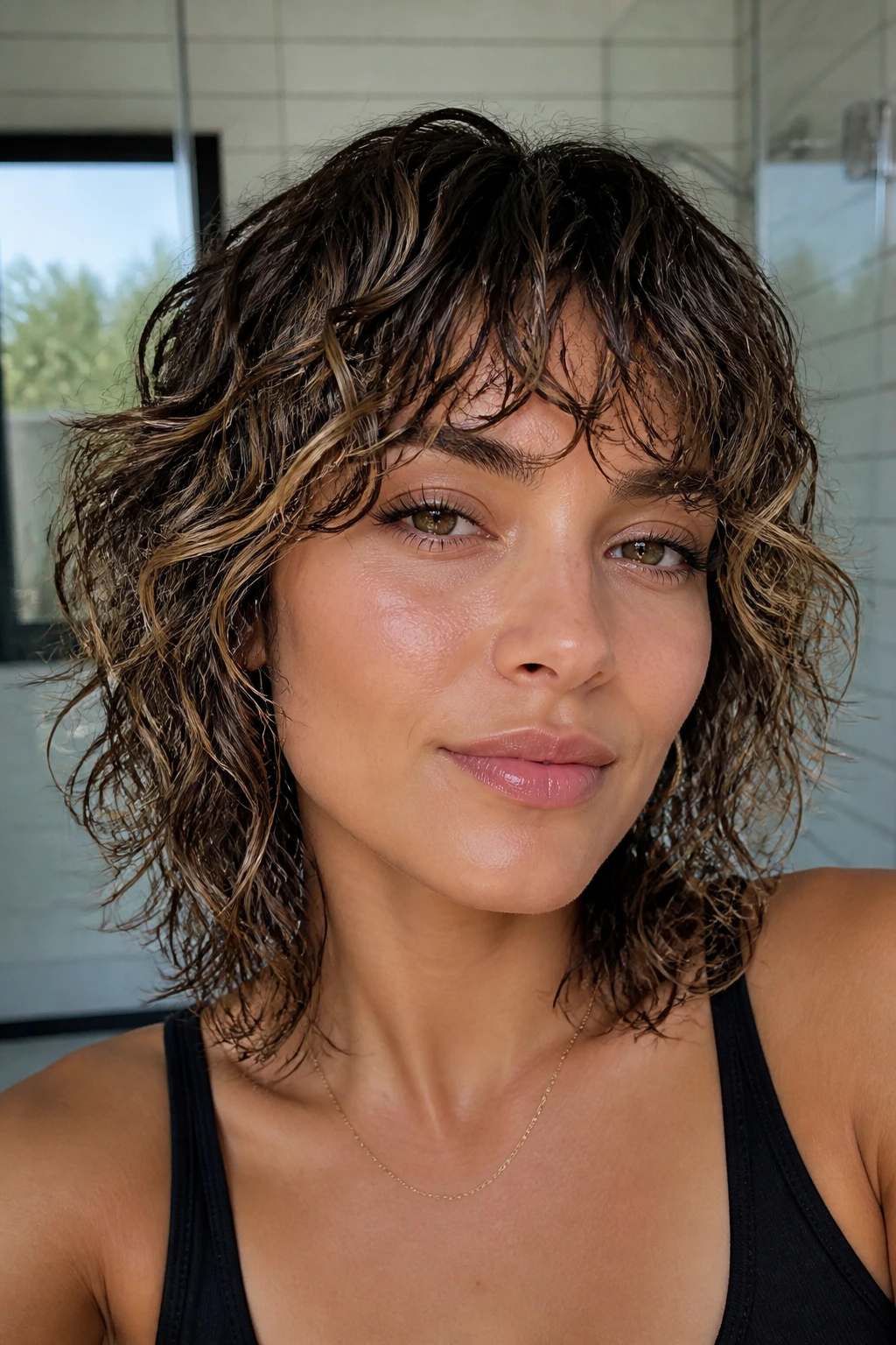 Close-up of a real person with wet-look shag and fine gold babylights