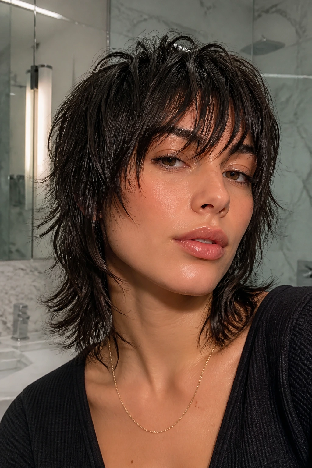 Close-up portrait of a real person with a wet-look textured shag