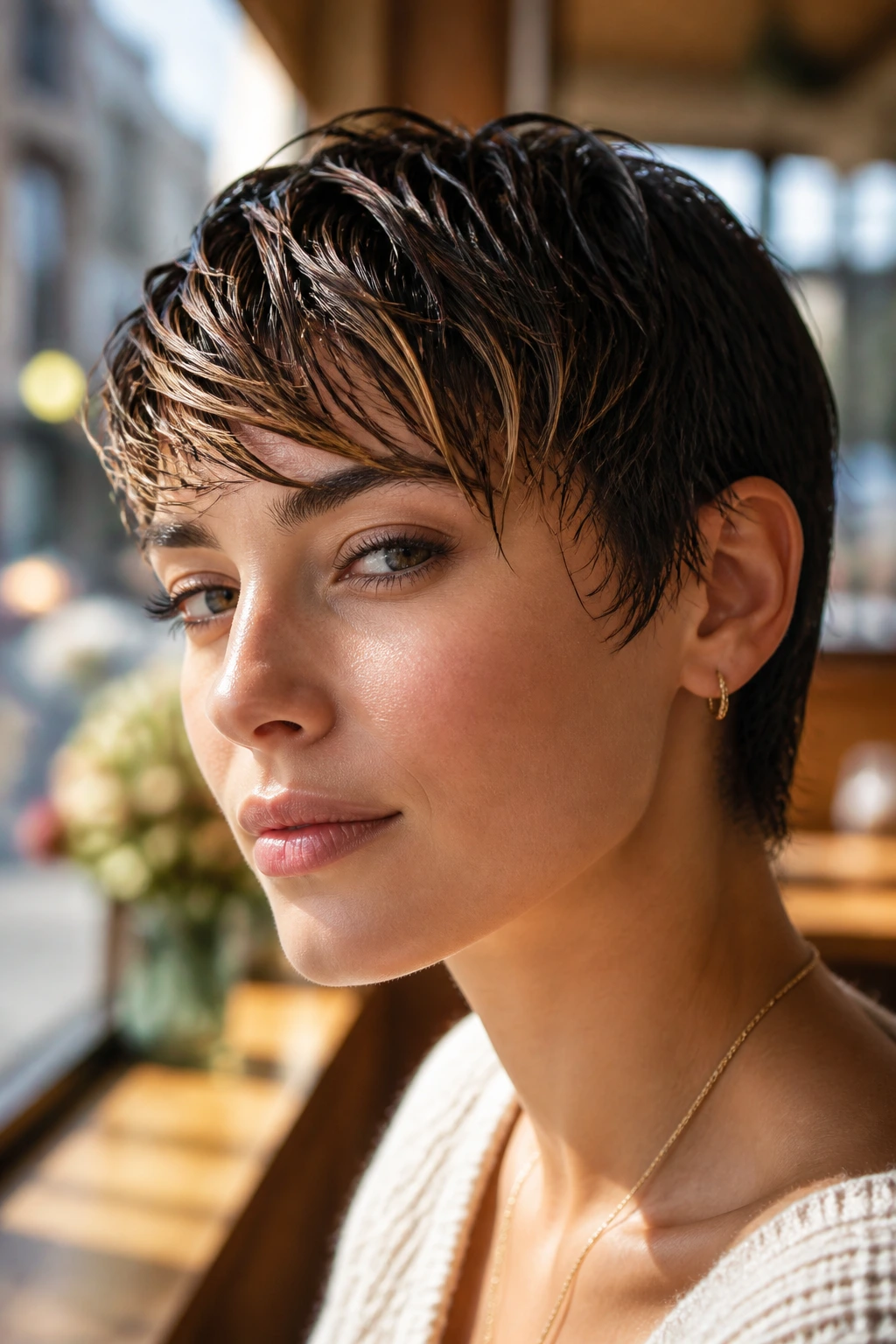 Close-up of a real woman with a glossy wet-look short crop and caramel front highlights in cafe light