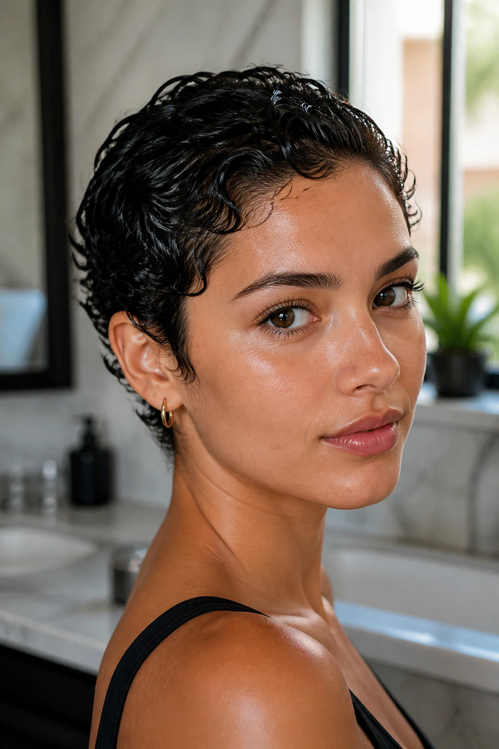 Close-up of a real person with glossy wet-look short curls in a bathroom setting