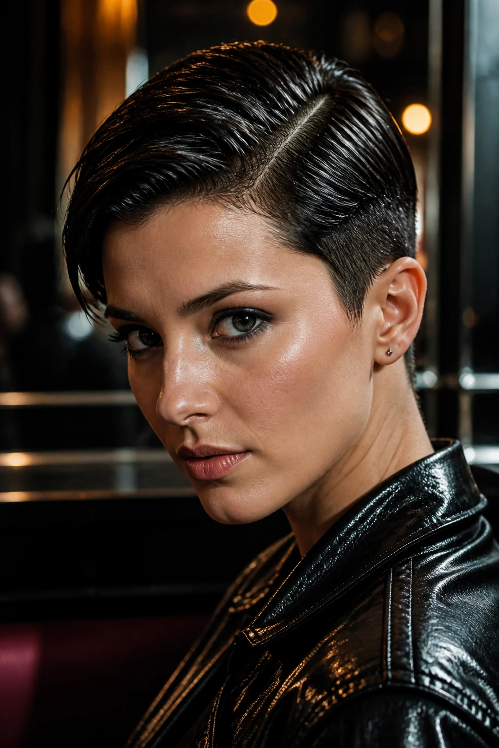 Close-up portrait of a real person with a wet-look side-part crop in moody urban lighting