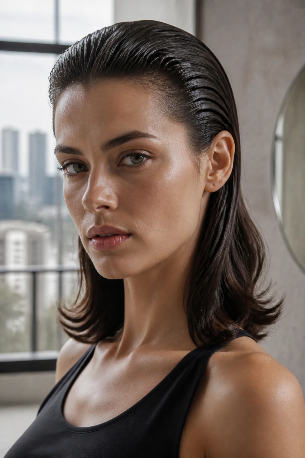 Close-up portrait of a person with a wet-look slick-back hairstyle and soft ends.