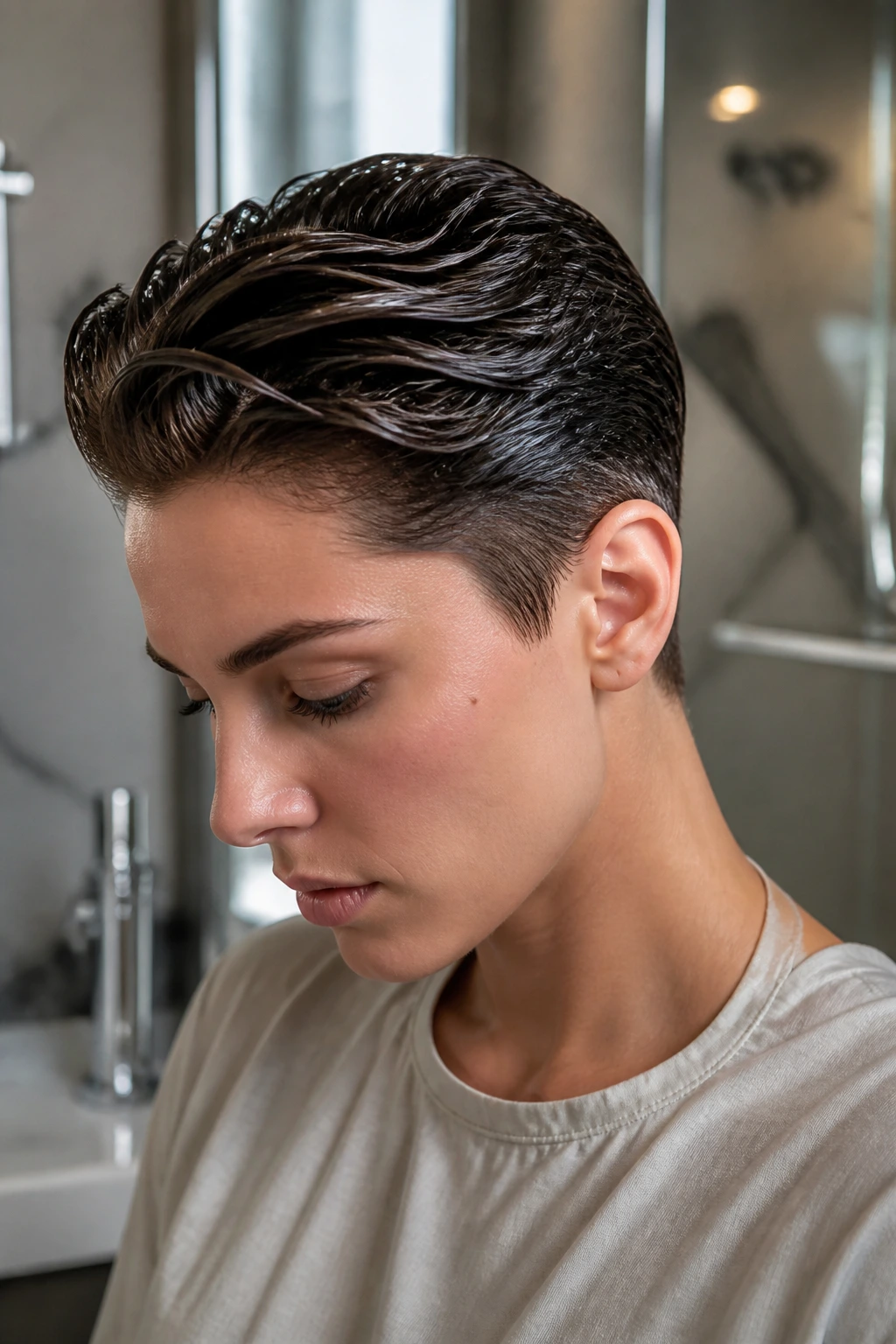 Portrait of a real person with a wet-look tapered cut and glossy top