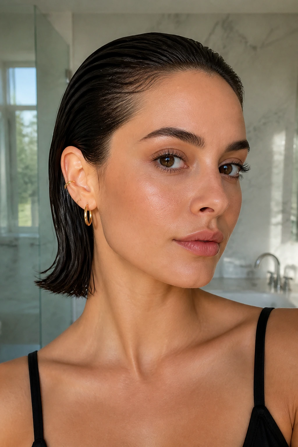 Portrait of a wet-look lob with tucked sides and glossy crown.