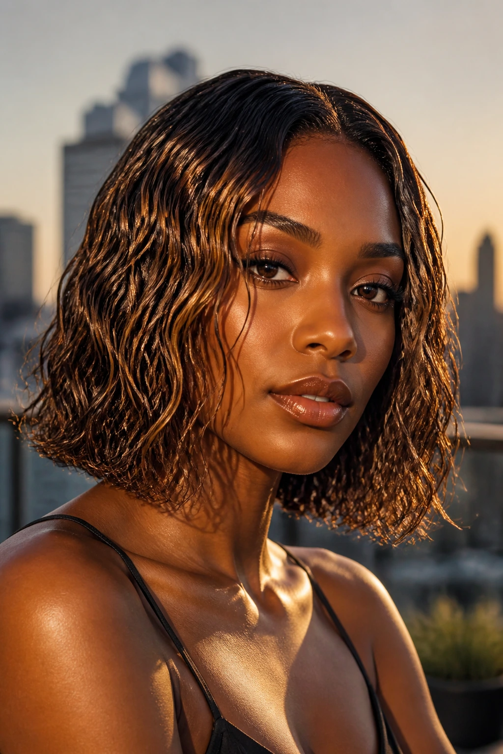 Close-up portrait of a real woman with wet-look waves and bronze babylights.
