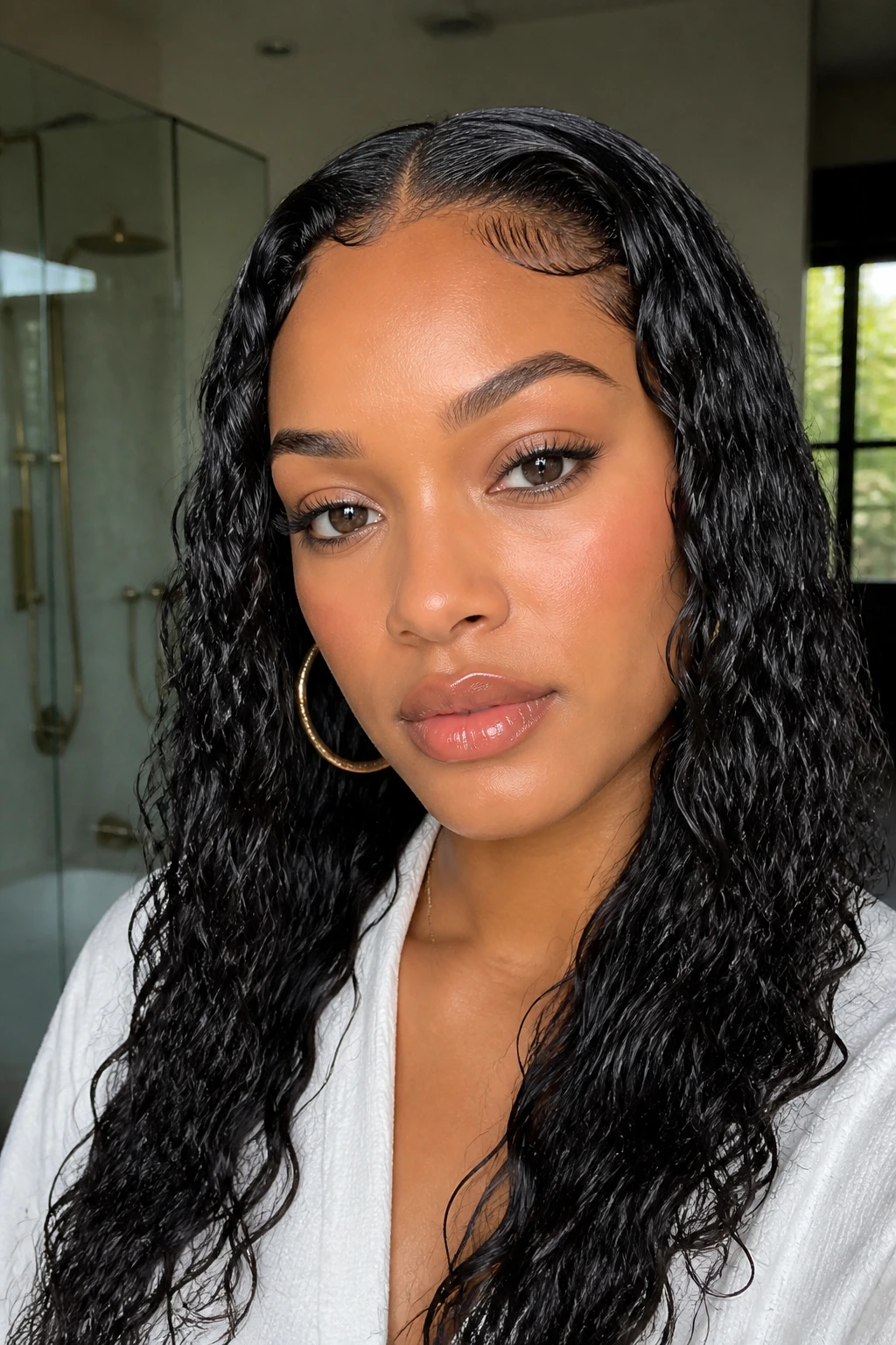 Real woman with wet-look defined waves and high shine