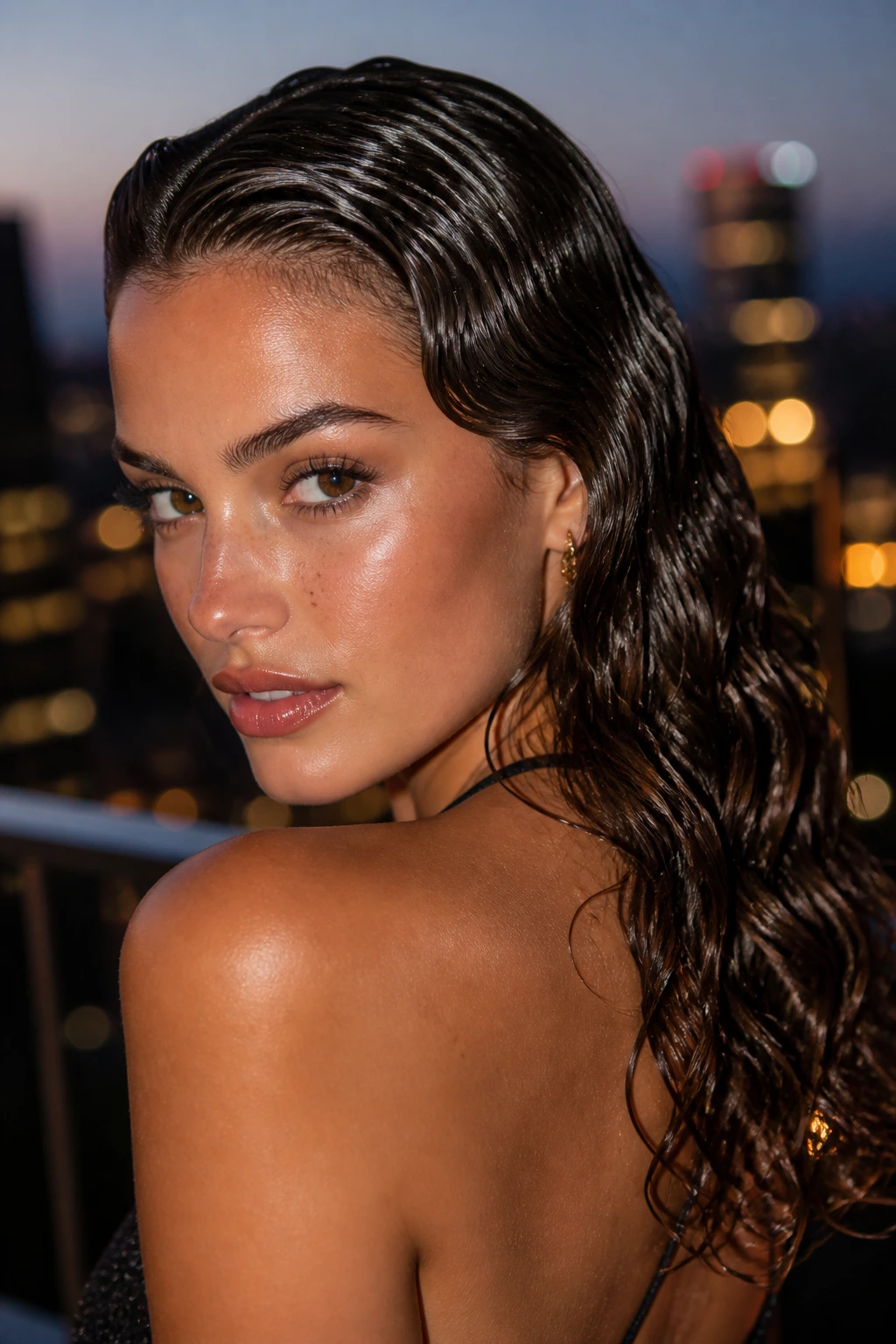 Close-up of brunette with wet-look gel waves and high shine