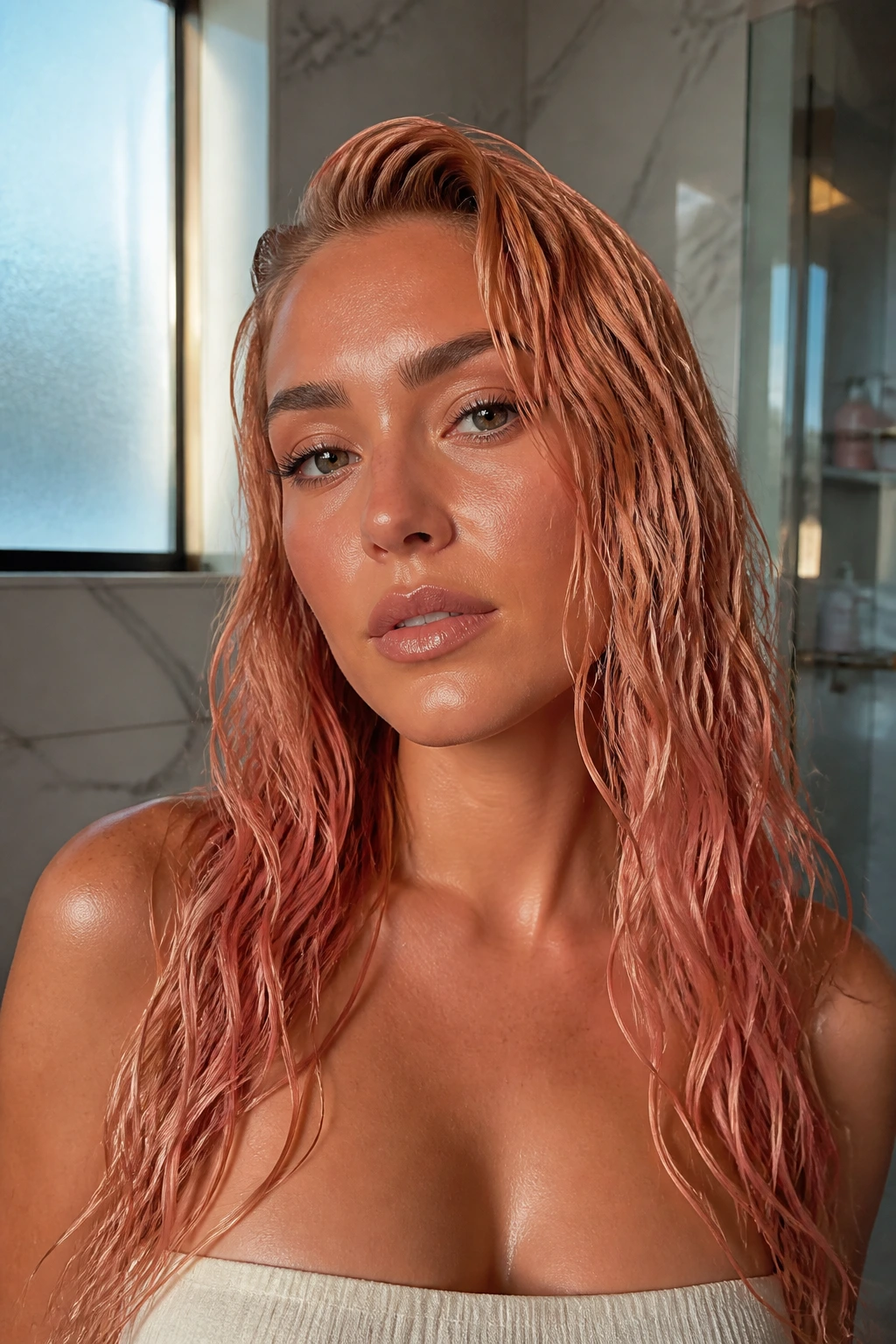 Close-up of wet-look waves with coral gloss on strawberry-blonde hair on tan skin