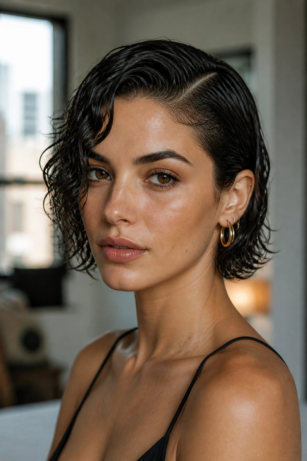 Portrait of woman with wet-look waves and deep side part