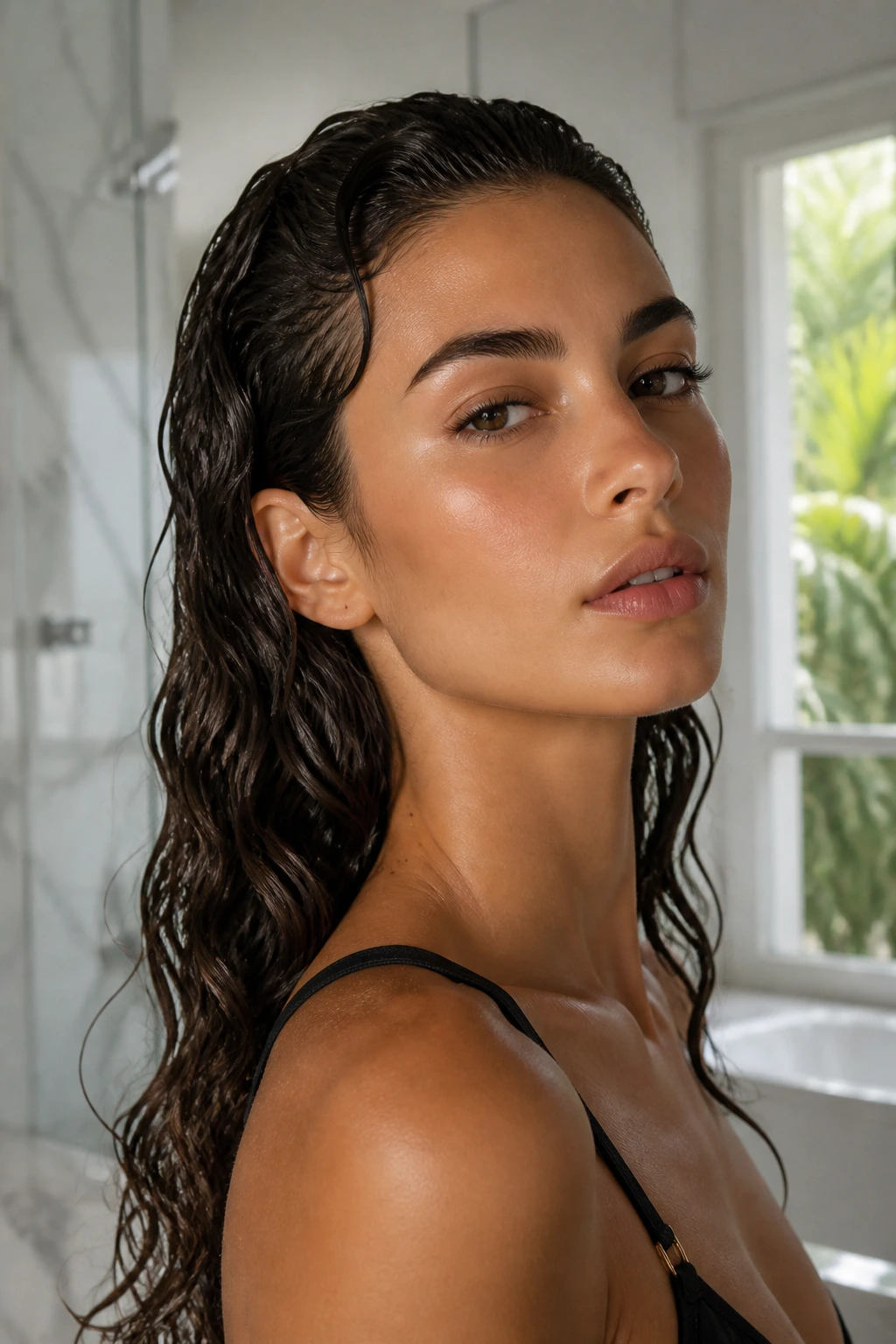 Real woman with wet-look editorial waves close to scalp