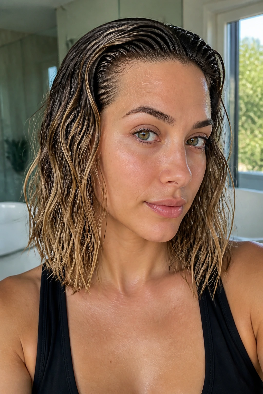 Real woman with wet-root beach waves, close-up portrait.