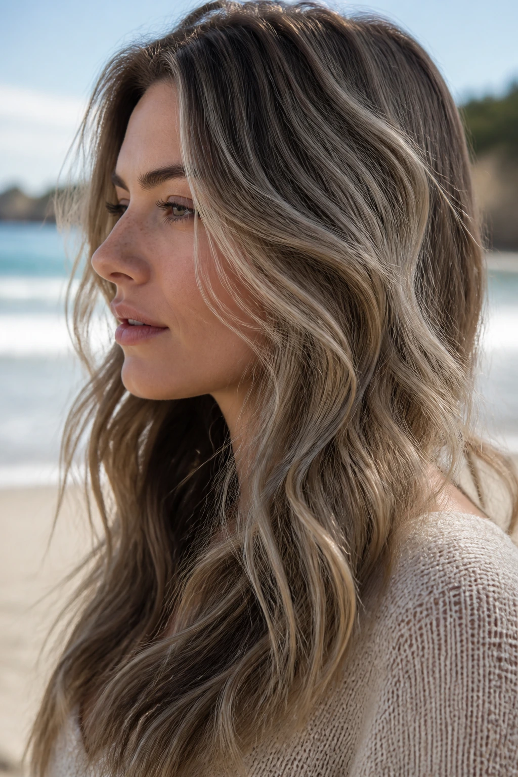Close-up portrait of a real woman with wet-sand ash highlights in loose waves near the sea.
