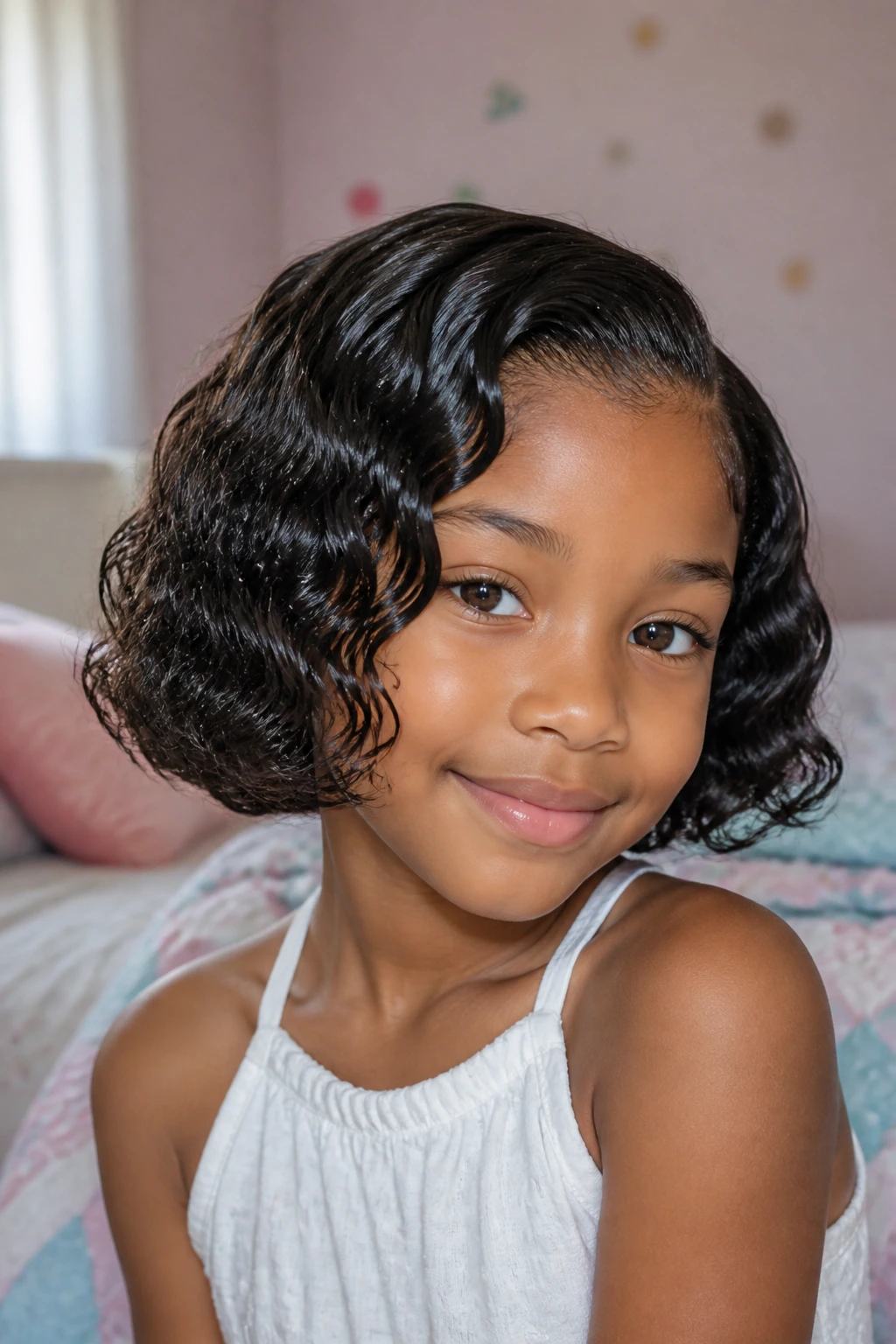 Close-up of a real child with a wet-set wave bob showing soft shiny waves