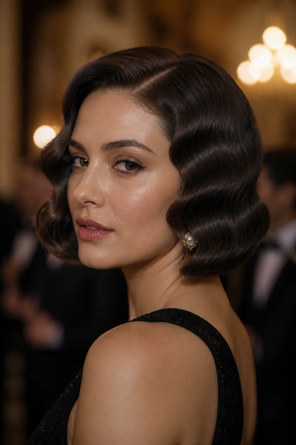 Close-up of a real woman with a wet-set inspired bob under soft indoor lighting