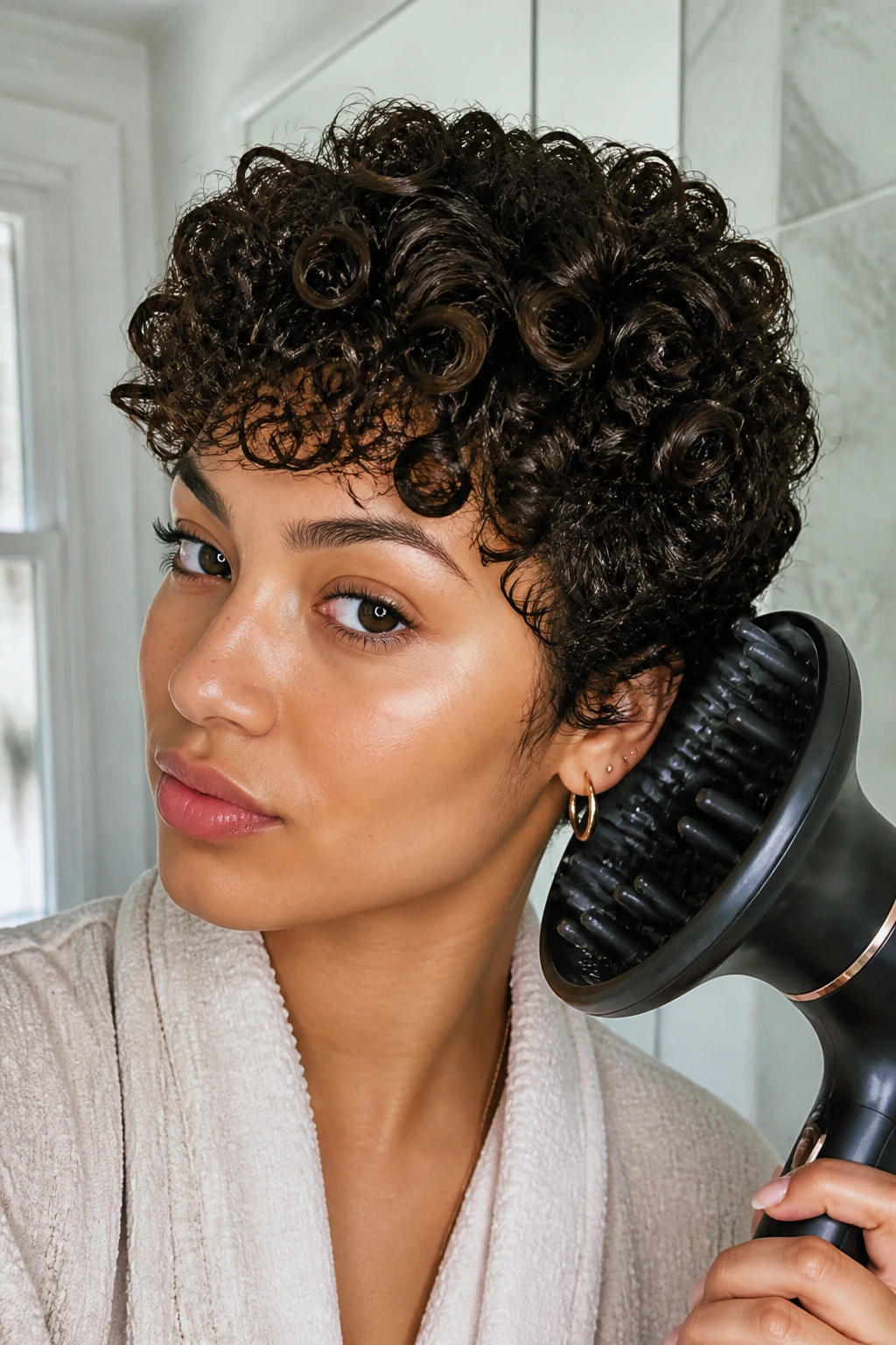 Close-up portrait of a person with damp, styled curls using a diffuser