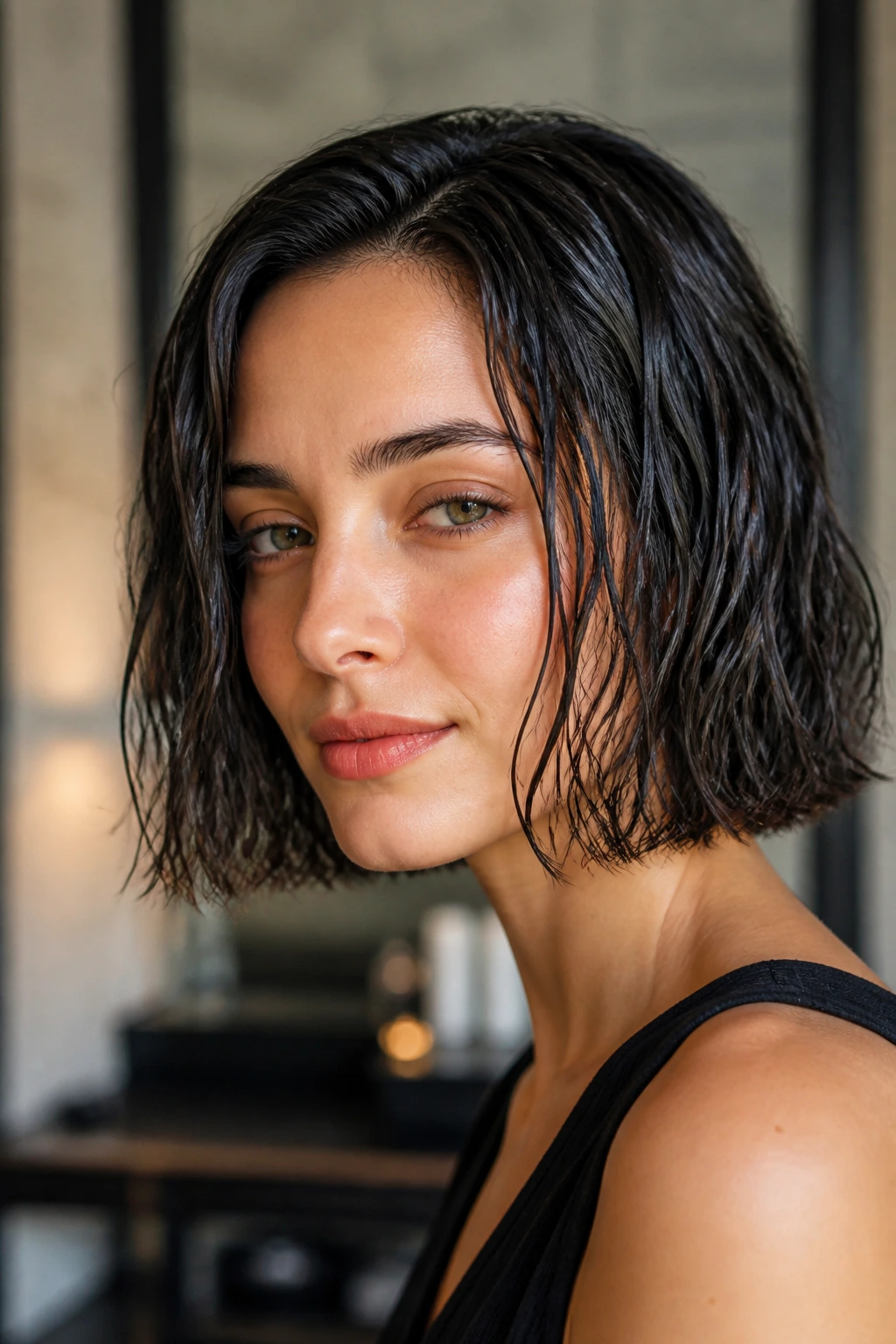 Real woman wearing a wet-texture wave bob in a modern interior