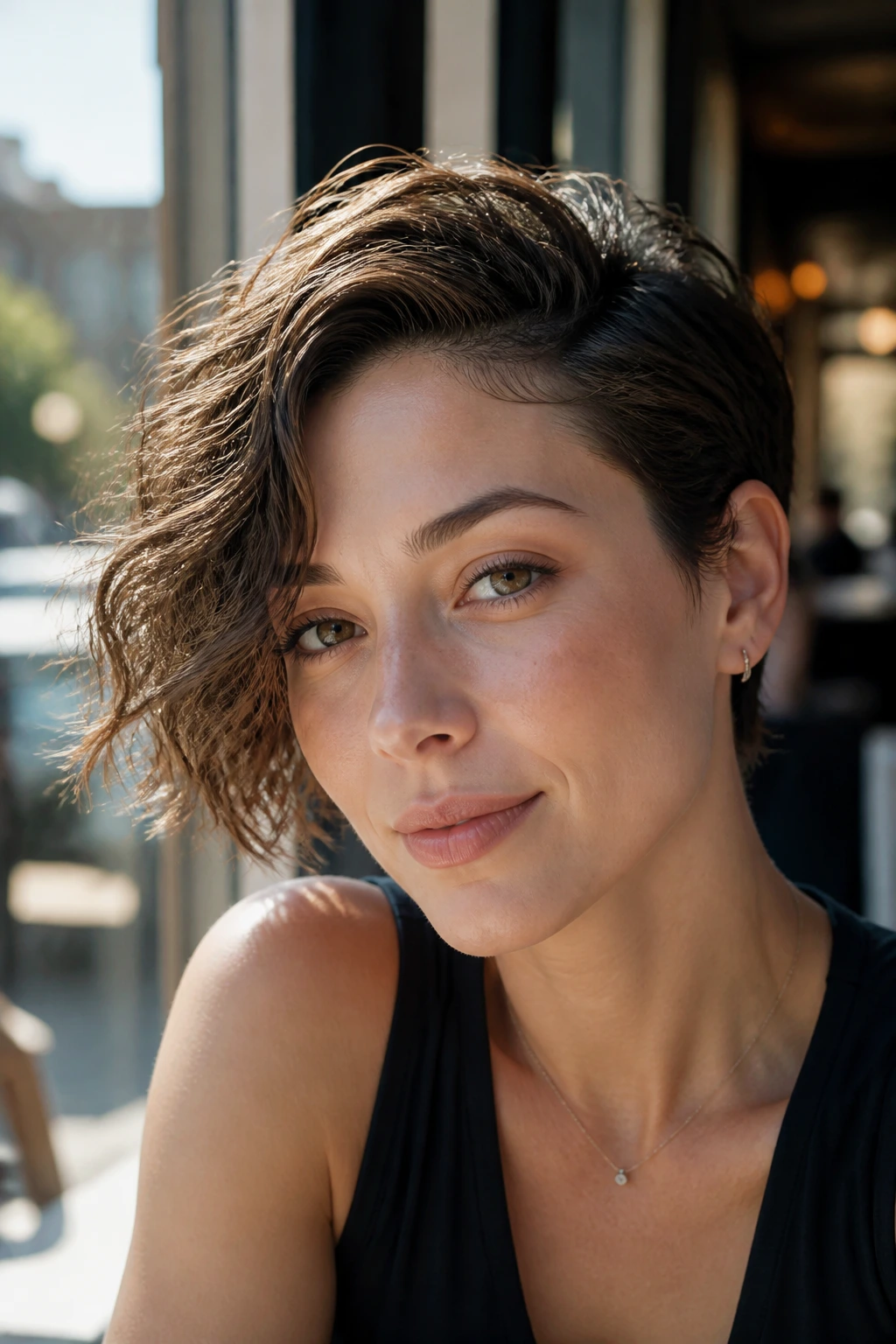 Close-up of a woman with a glossy wet-textured side-swept short hairstyle in natural daylight