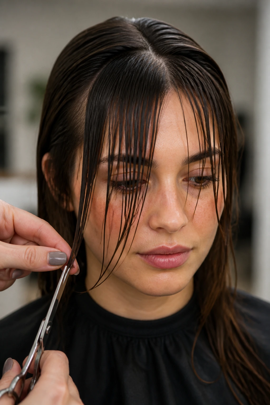 Close-up of real woman's curtain bangs that appear trimmed while damp.