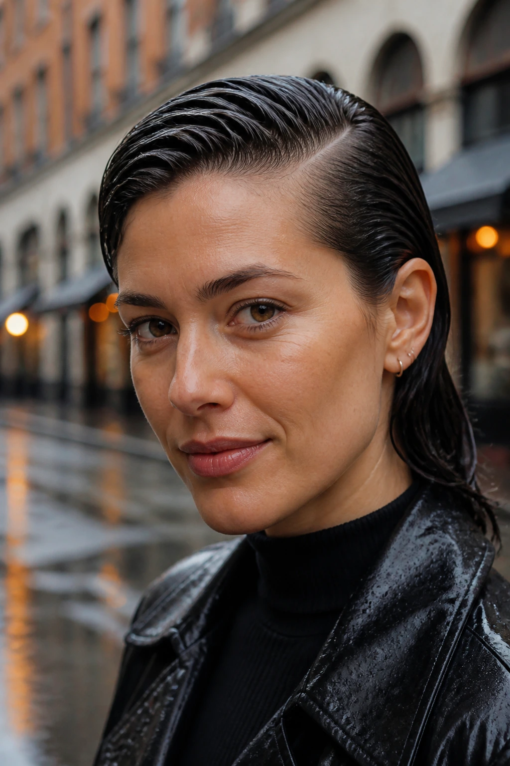 Close-up of a woman with glossy wet-look hair and a deep side part.