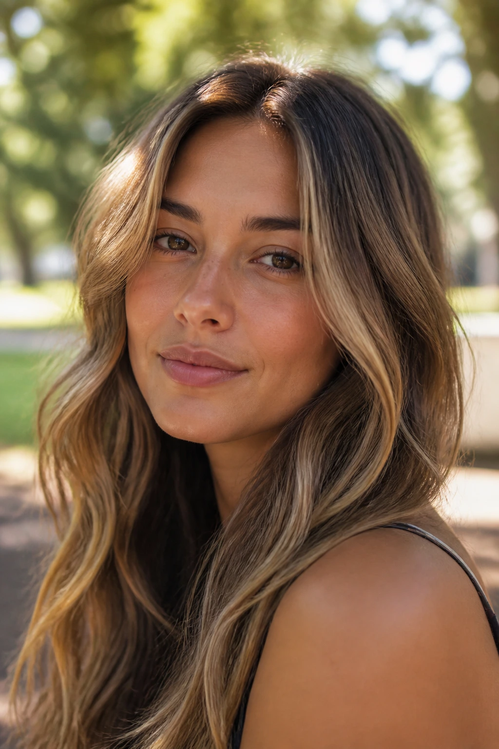 Close-up of brunette with wheat blonde babylights in sunlit setting.