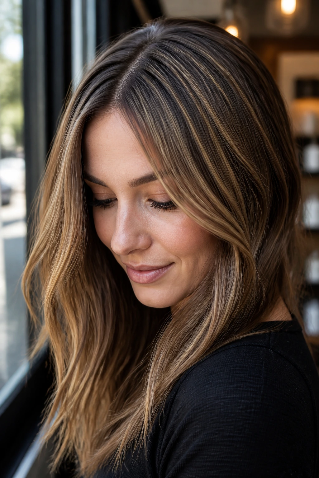 Close-up of fine brunette hair with wheat blonde babylights