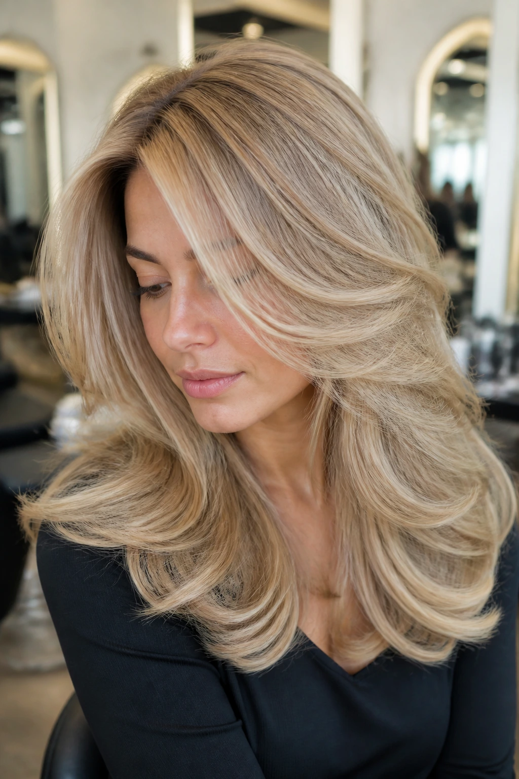 Close-up of wheat blonde blowout layers on a real person.