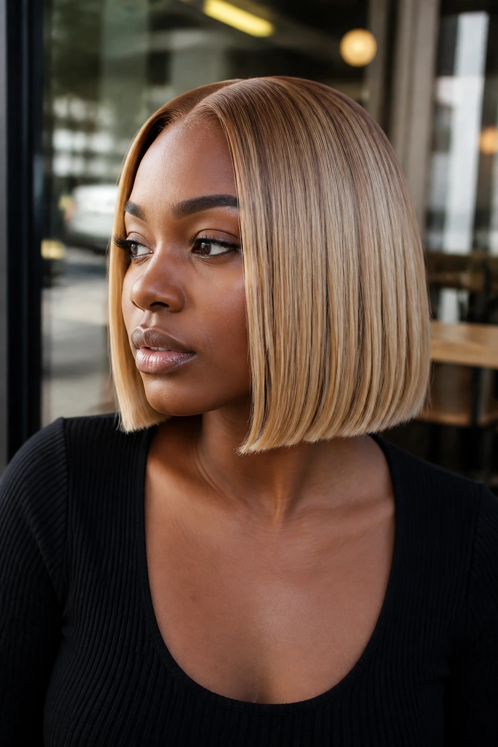 Close-up portrait of a real woman with wheat blonde blunt bob.