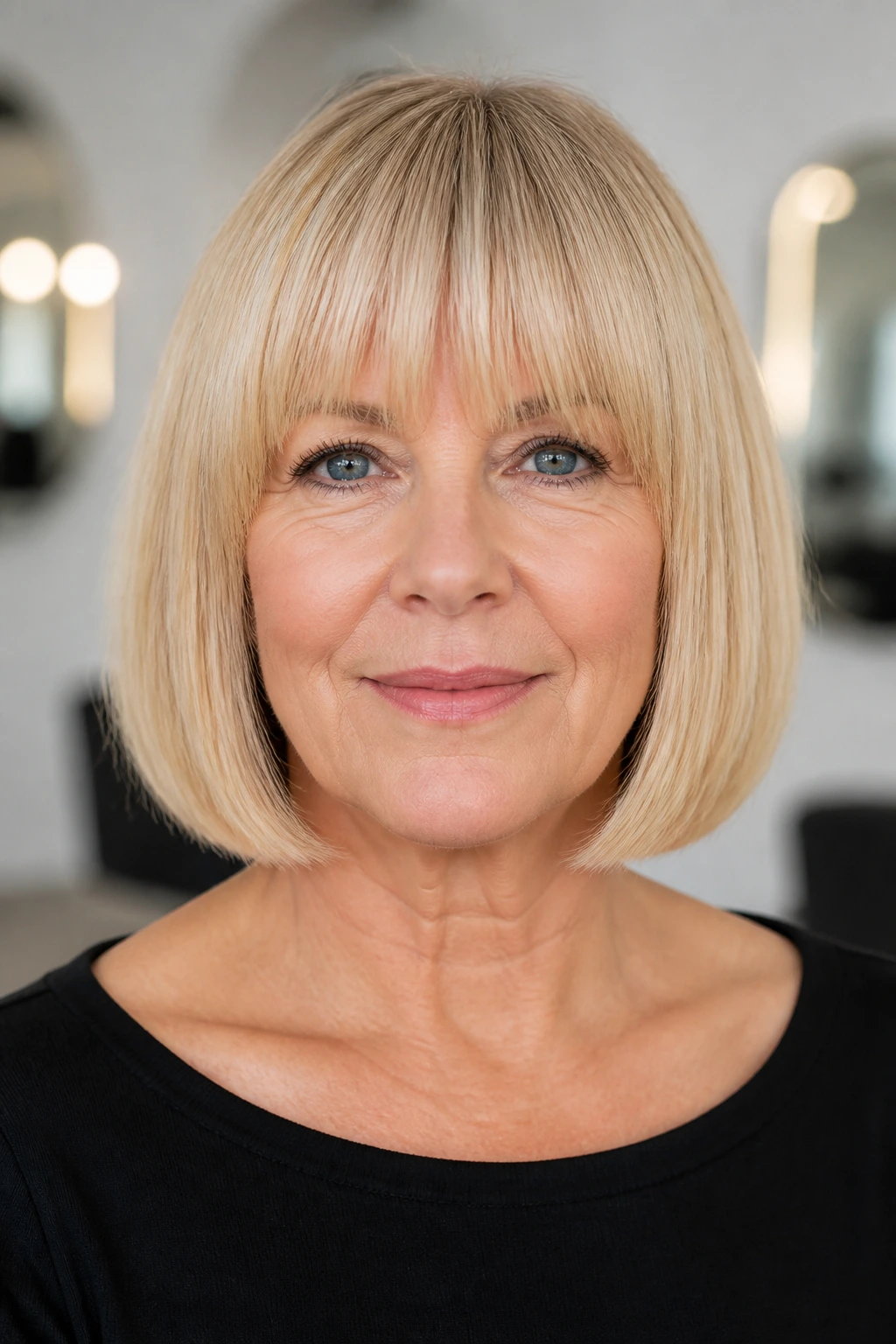 Real woman with wheat blonde blunt bob and brow-skimming fringe.