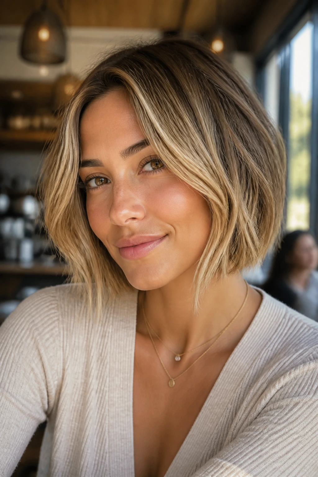Portrait of a real woman with dimensional wheat blonde bob