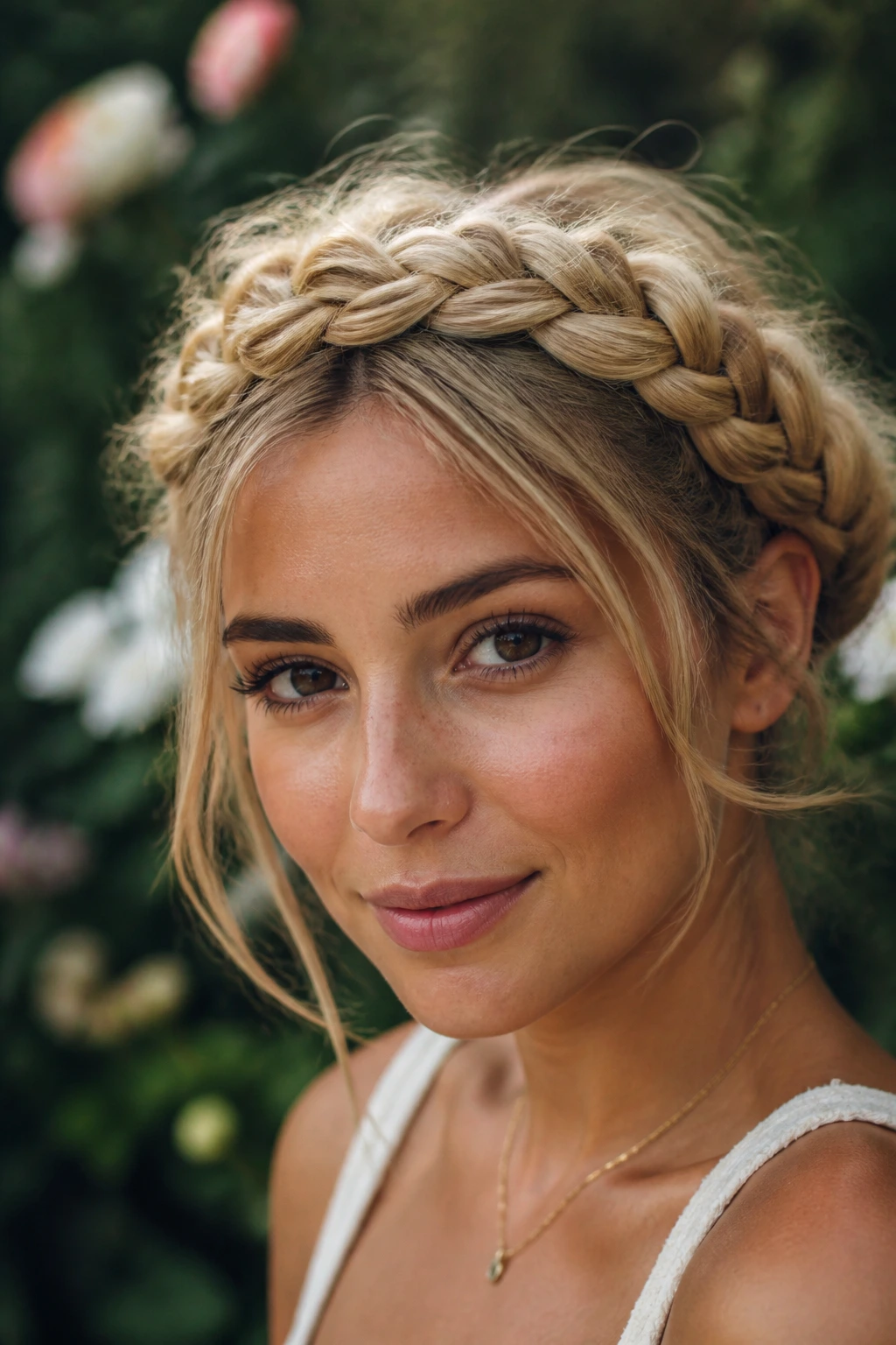 Close-up portrait of a woman with wheat blonde braided crown against a garden backdrop