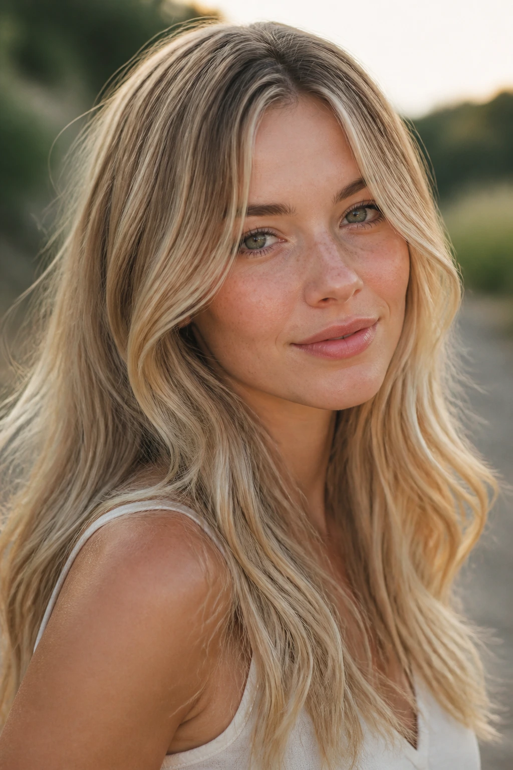 Close-up of a real woman's head with wheat blonde and dimensional bronde.