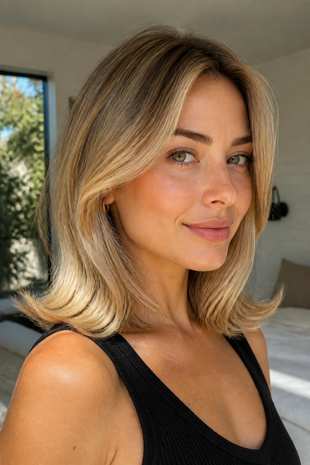 Close-up portrait of a real woman with a collarbone-length flip hairstyle in warm wheat blonde