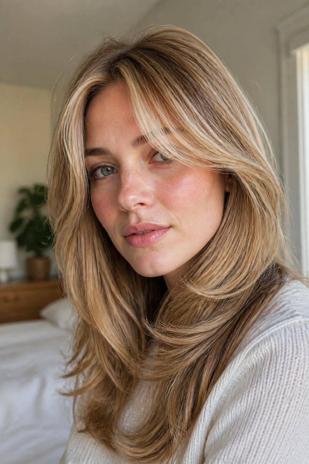 Close-up of Wheat Blonde Feathering hairstyle on a real person with pale skin and soft layered texture