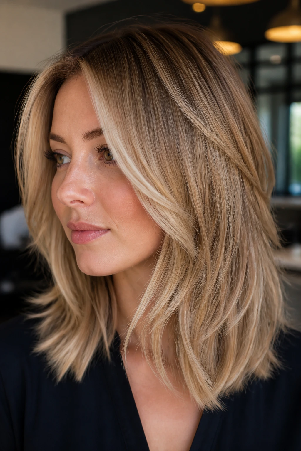 Layered lob with soft wheat blonde color