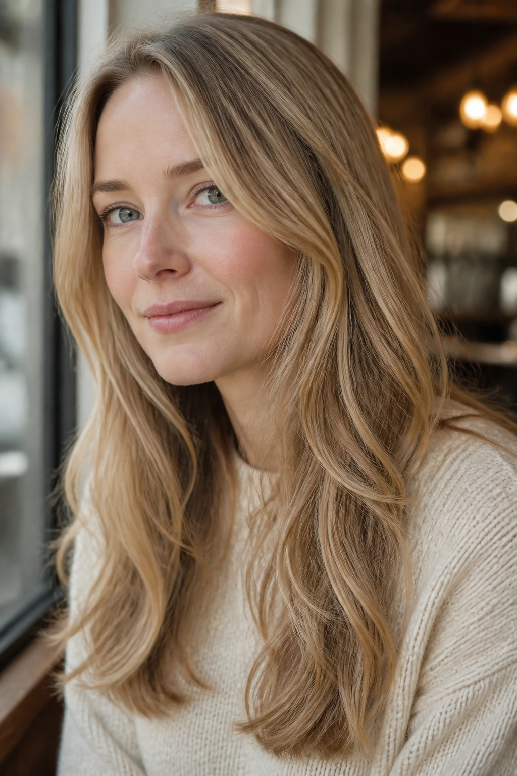 Portrait of a real woman with wheat blonde hair and delicate lowlights for depth