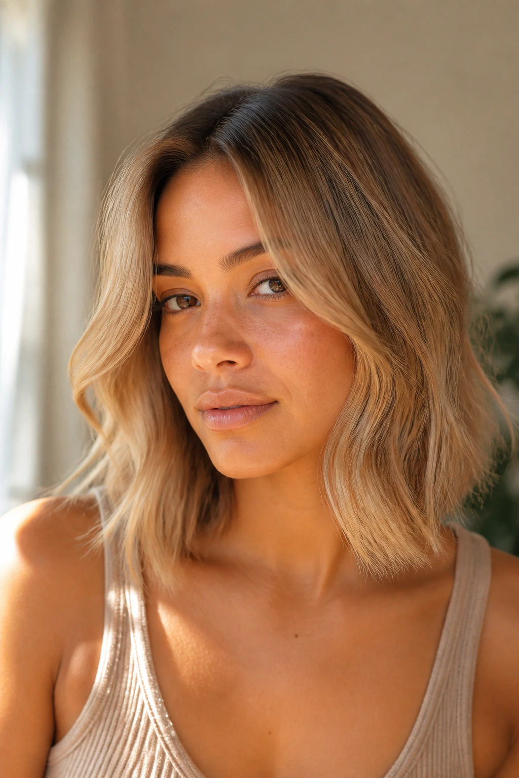 Close-up of a real person with a wheat blonde midi cut.
